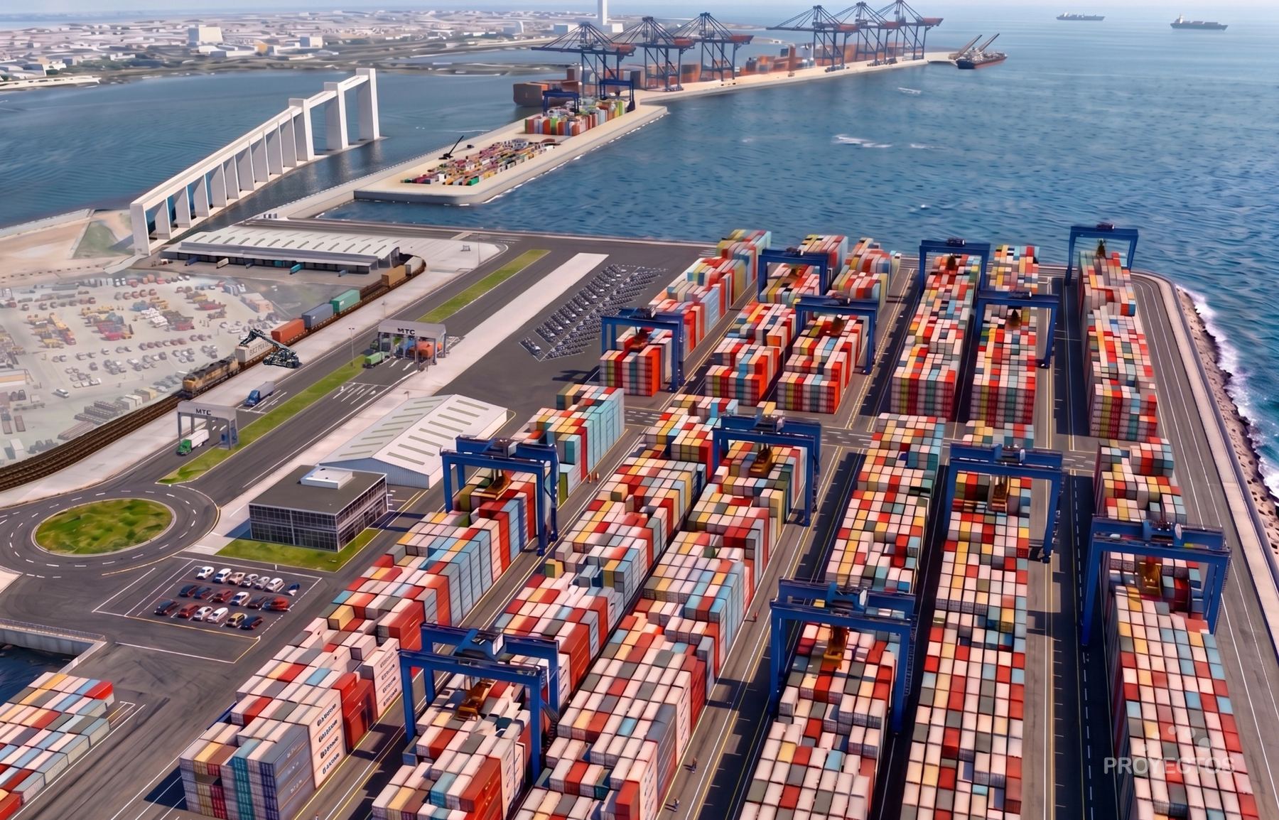 Patio de contenedores de la terminal con la ciudad al fondo